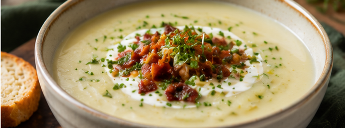 Cremosa sopa de patata y puerro con caldo de hueso de res