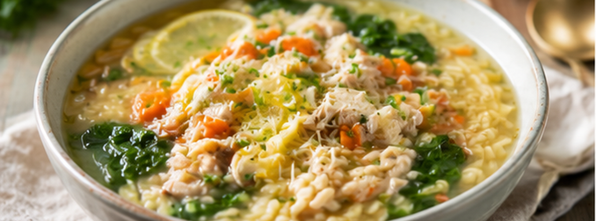 Sopa de pastina de pollo con limón y caldo de huesos