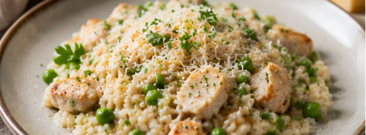 Salteado cremoso de arroz con pollo, guisantes y caldo de huesos